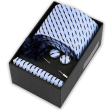 Brand Design Tie Handkerchief Cufflink Clip Set For Men Silk Necktie Holiday Gift Box Blue Gold Suit Accessories Wedding Gravata