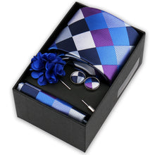 Brand Design Tie Handkerchief Cufflink Clip Set For Men Silk Necktie Holiday Gift Box Blue Gold Suit Accessories Wedding Gravata