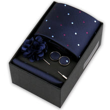 Brand Design Tie Handkerchief Cufflink Clip Set For Men Silk Necktie Holiday Gift Box Blue Gold Suit Accessories Wedding Gravata